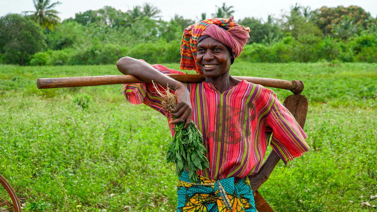 Woman farmer with a hoe standing in a lush green field